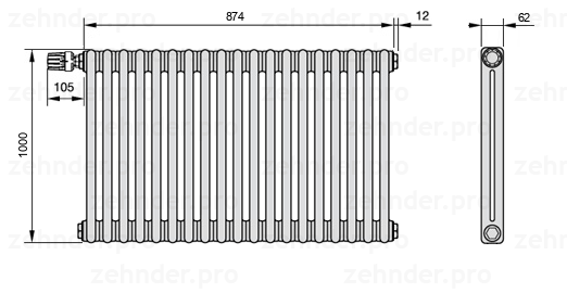 Схема (чертеж) Радиатор Zehnder Charleston 2100/19 №V012 Белый глянцевый RAL 9016